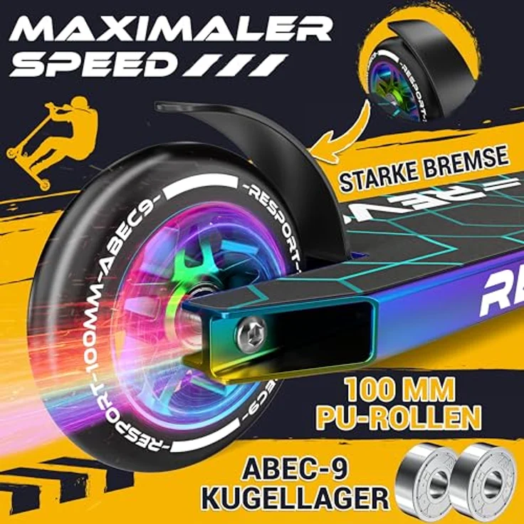 RE:SPORT REVO Stunt Scooter, Profi Stuntroller mit 100mm PU-Rollen, ABEC 9 Kugellager, für Kinder & Erwachsene, mit Ständer, Y-Bar, rutschfestem Pro-Deck, ergonomischen Griffen – Bild 5