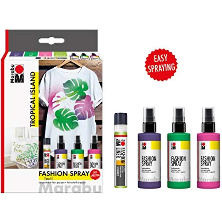 Marabu 1719000000085 - Fashion Spray, Tropical Island, Textilsprühfarbe auf Wasserbasis, für helle Textilien, einfache Fixierung, waschbeständig bis 40°C, 3 x 100 ml Farbe und 25 ml Fashion Liner – Bild 2
