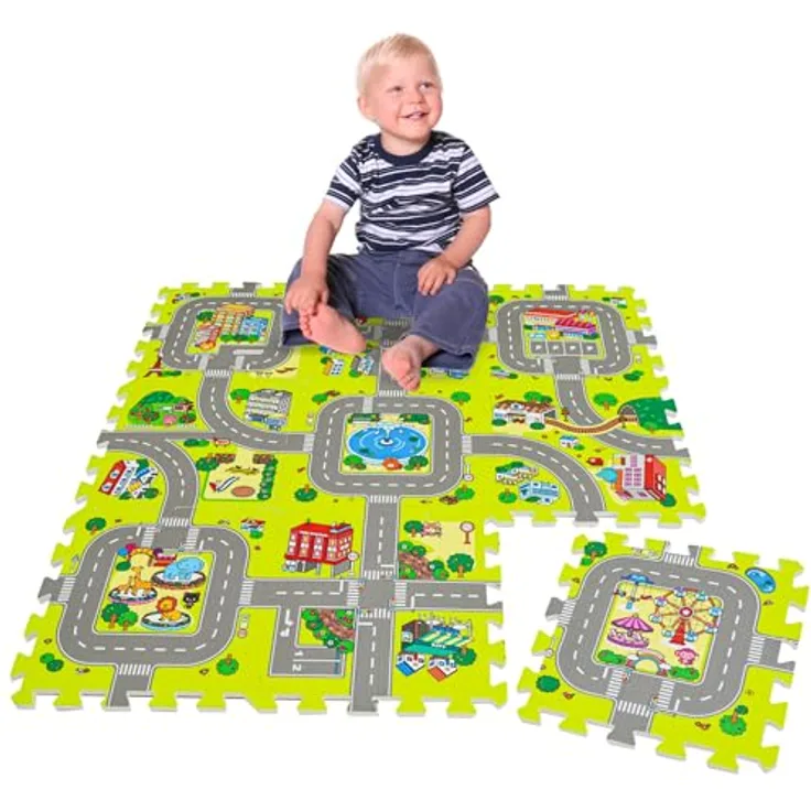 LittleTom 9 Teile Puzzlematte Straße für Kinder - 30x30 Indoor & Outdoor - Spielzeug Autostrasse Puzzle - Spielteppich Straße Spielmatte Auto Kinderteppich - ANTIALLERGENE OBERFLÄCHE