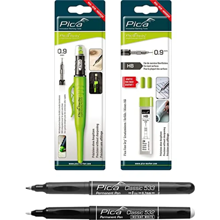 vasalat Pica Fine Dry Tieflochmarker + Ersatzminen HB + Permanent Pen Fine schwarz + Permanent Marker weiß Set 4-teilig