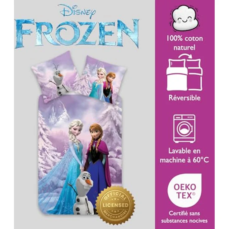 Brandmac Bettwäsche Eiskönigin, 100 % Baumwolle, Bettbezug für kleines Bett, 100 x 135 cm + Kissenbezug 40 x 60 cm, wendbar, mit Elsa, Anna und Olaf, bunt – Bild 5