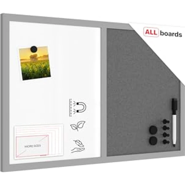 ALLboards Kombitafel, Kork grau / magnetisch weiß, eleganter Holzrahmen grau lackiert, 2-in-1 Maltafel – Bild 1