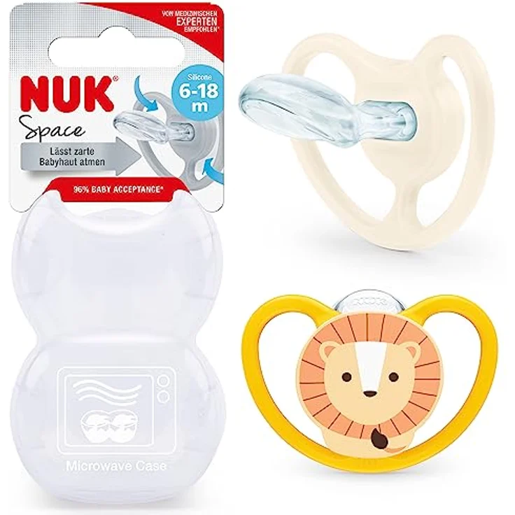 NUK Space Schnuller | Schnuller mit extra Belüftung | BPA-freies Silikon | 6-18 Monate | Löwe & Sonne | 2 Stück – Bild 1