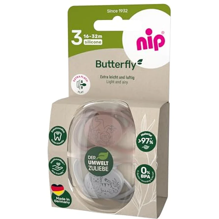 nip Butterfly, 2er Pack Stillfreundlicher, zahnfreundlicher Babyschnuller mit weichem Silikonsauger, Braun/Grau, für 16-32 Monate inkl. Schnullerbox – Bild 2