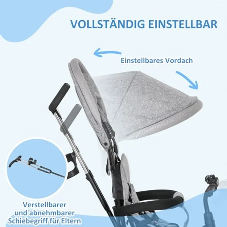 HOMCOM Dreirad 6-in-1 Kinderdreirad mit Schiebestange, Dach, Gurt, Ablagekorb, für 12-60 Monate, Grau – Bild 6
