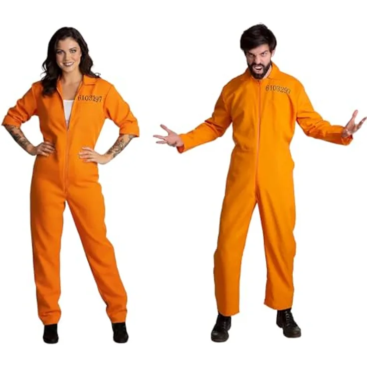 Maskworld Häftling Kostüm (L), einteiliger orangefarbener Overall mit Frontzipper und bedruckter Knastnummer