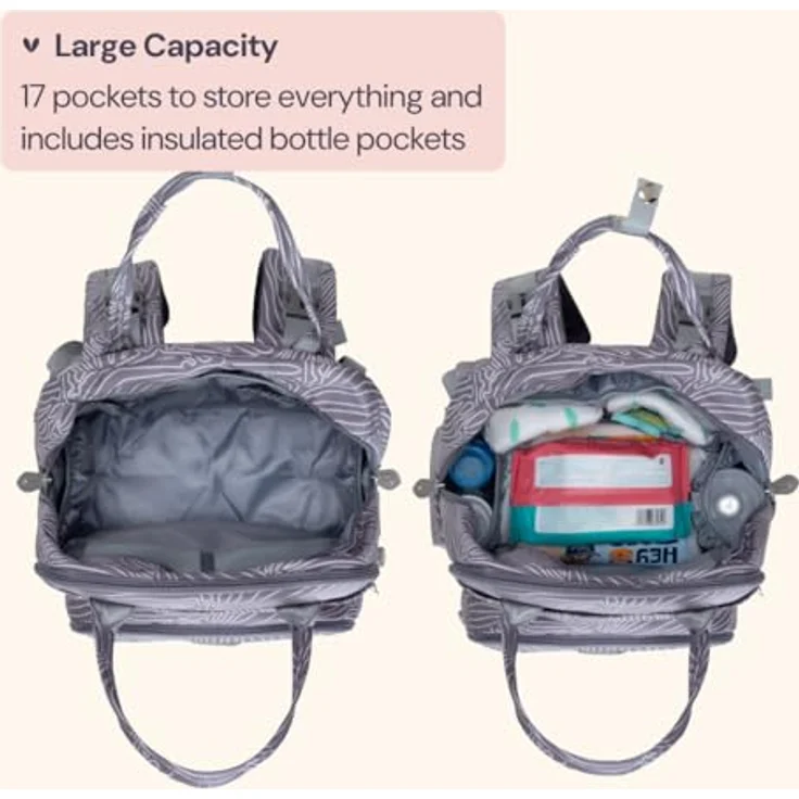 BabbleRoo Wickeltasche Rucksack, große Kapazität 26 L, 17 Taschen, wasserabweisend, inklusive Wickelauflage und abnehmbarem Schnullerhalter – Bild 3