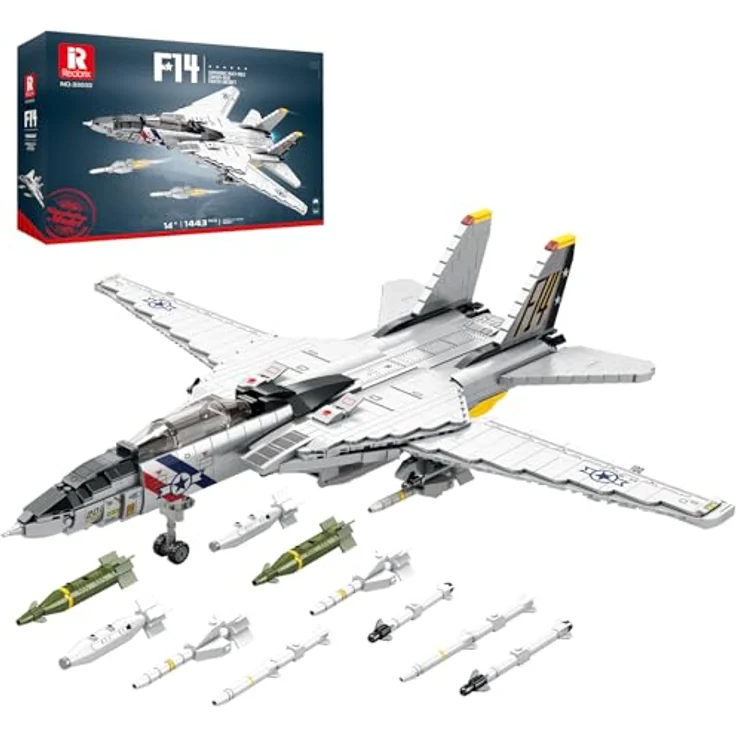 Reobrix F-14 Fighter Bauspielzeug-Set, Militär-Tomcat Kampfflugzeug Modell mit 1600 Bausteinen, interaktivem Riemenscheiben-Design, für Erwachsene und Sammler, ab 14 Jahren – Bild 1