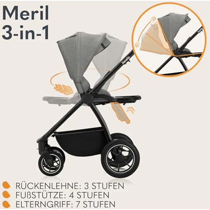 Lionelo Meril Kombikinderwagen 3-in-1, Babywanne bis 9 kg, Kindersitz bis 13 kg, für 0-48 Monate bis 22 kg, Geländeräder 360°, Vollfederung - Grau – Bild 4