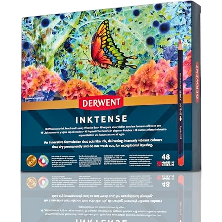 Derwent Inktense Aquarellstifte, 48er Set in Holzbox, wasserlöslich, 4 mm Premium-Kernstärke, für Malen und Basteln, professionelle Qualität – Bild 1