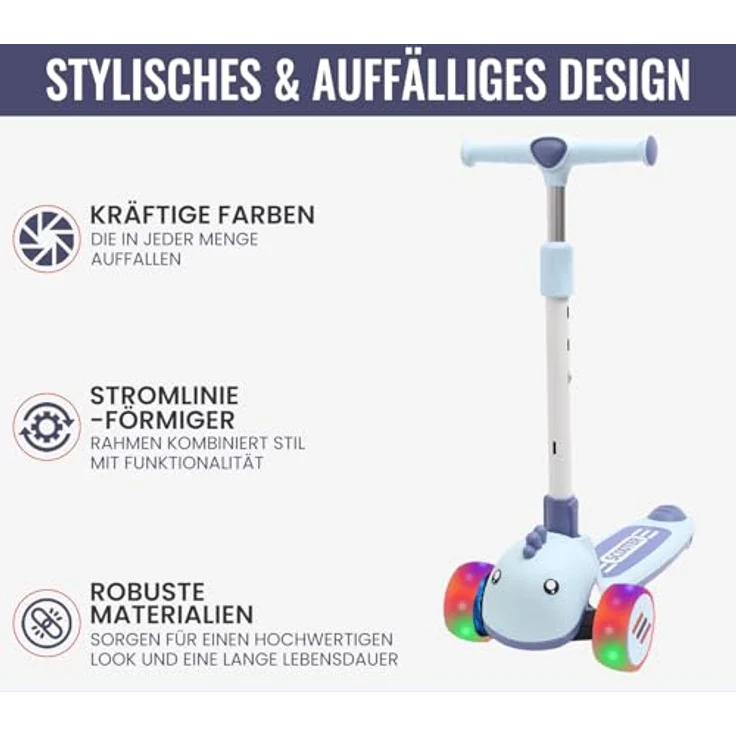Habib Gruppe Kinderroller Tretroller 3-Rad LED Roller, Höhenverstellbar & Faltbar, Tierdesign für Mädchen & Jungen (3-8 Jahre), blau – Bild 3