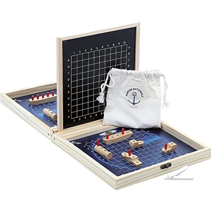 Vilac Bataille navale - Marine nationale, Brettspiel mit wiederbeschreibbarer Schiefertafel und Jutesäckchen, zusammenklappbare Holzbox – Bild 5
