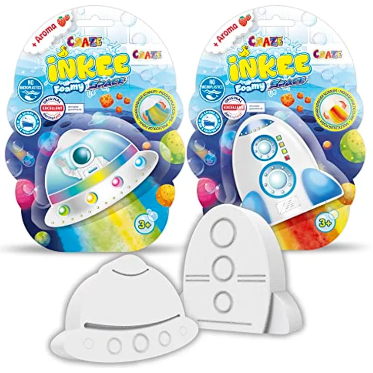 CRAZE INKEE Foamy Space Pack 2x Badebomben Kinder Schaumbad mit Erdbeer-Duft mehrfarbigen Schaum Badespaß Baby Badewanne Badekugeln Kinder Badebombe Rakete oder Raumschiff 38635