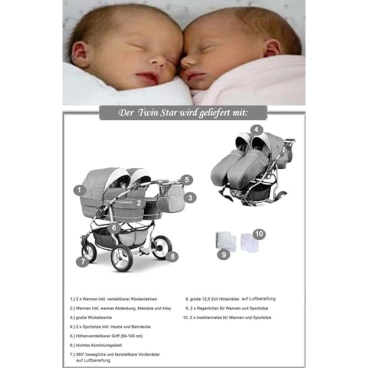 Elcar Zwillingskinderwagen 2 in 1 Twin Star inkl. Sportsitze - 10 Teile - in 16 Farben – Bild 4