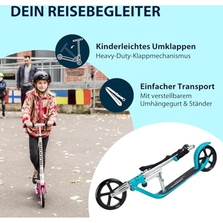 Hudora BigWheel® 205 Tretroller, höhenverstellbar & zusammenklappbar, für Kinder & Erwachsene bis 100kg, stabiler Aluminium-Roller mit Ständer und Sicherheitsfeatures – Bild 5