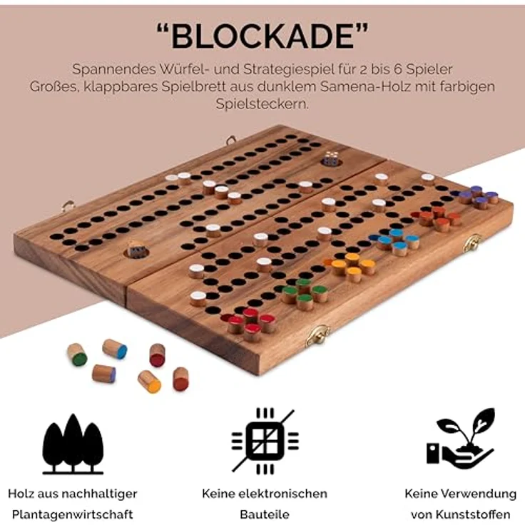 Logoplay Blockade Brettspiel für 2 bis 6 Spieler, zusammenklappbar mit Metallverschluss, Spielfeld 26 x 33 cm aus Samena-Holz – Bild 5