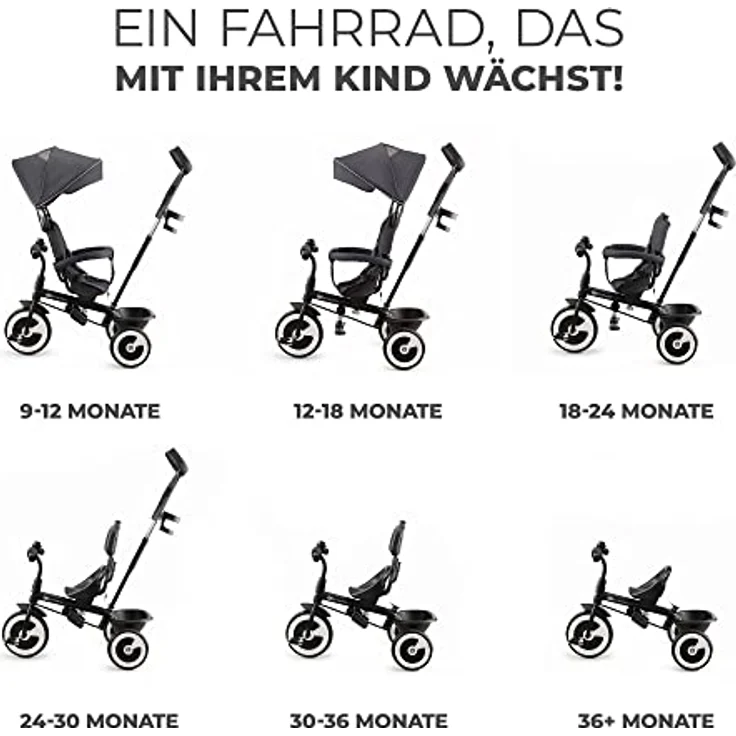 Kinderkraft ASTON Dreirad mit schubstange, drehbarem Sitz und ausklappbarem Verdeck, Grau – Bild 3