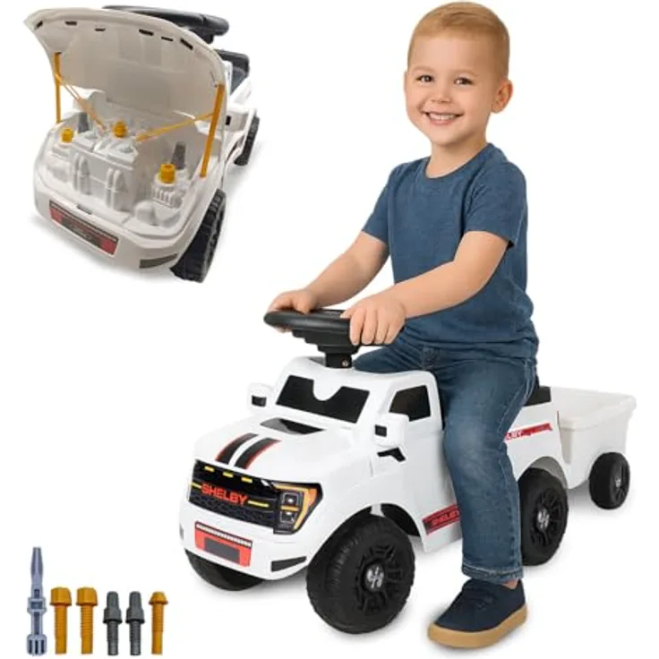 Weiss Rutscher Shelby Ford F-150 Raptor, Kinderfahrzeug mit Anhänger, weiss, ideal für Kleinkinder ab 12 Monaten mit Spielfunktionen
