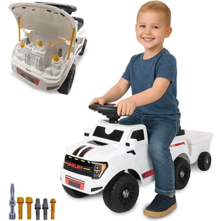Weiss Rutscher Shelby Ford F-150 Raptor, Kinderfahrzeug mit Anhänger, weiss, ideal für Kleinkinder ab 12 Monaten mit Spielfunktionen – Bild 1