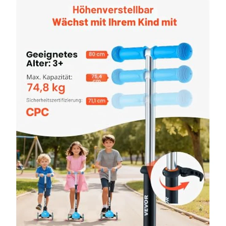 VEVOR Scooter (3 Räder) für Kinder ab 3 Jahren, Höhenverstellbarer Cityroller mit leuchtenden 5-Zoll-Rädern, rutschfestem Deck und leichtem Aluminiumrahmen, Blau, Tragkraft bis 75 kg – Bild 2