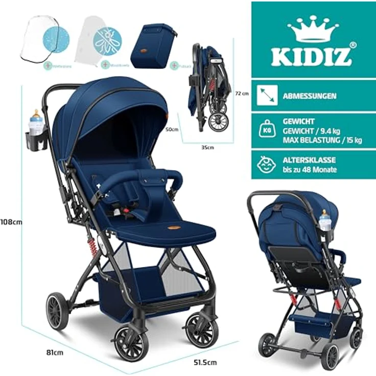 Kidiz Kinderbuggy 360° Räder Liegebuggy mit Fußsack, Getränkehalter, Regenabdeckung & Moskitonetz - verstellbare Rückenlehne & Sonnenverdeck – Bild 5