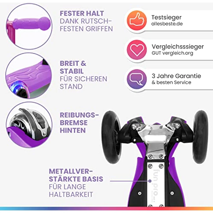 fun pro Two Roller Kinder, faltbarer Premium Tretroller mit LED-Rädern, höhenverstellbar, für 5-9 Jahre, bis 80 kg, Händler aus Hamburg – Bild 2