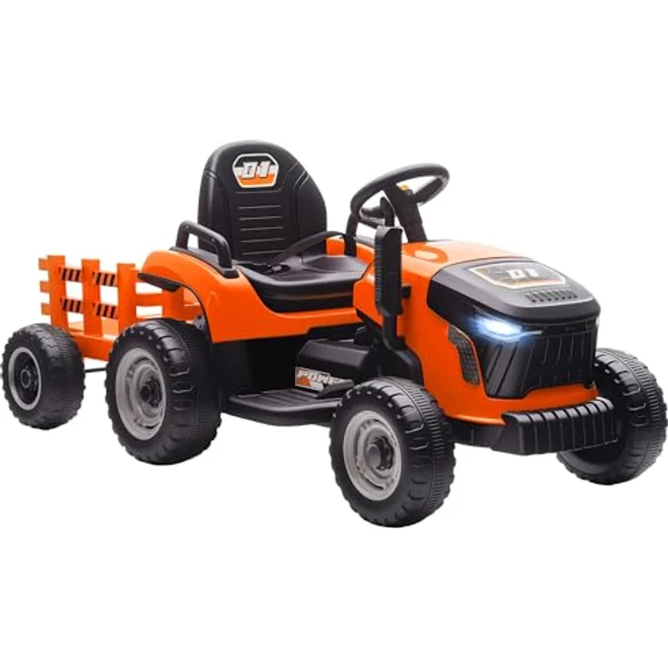 AIYAPLAY Elektrischer Kinder Traktor mit Anhänger, Aufsitztraktor mit Fernbedienung, 2 Motoren, 3-Gang, Musik und Hupe, Sanft Start, 3-5 km/h, Orange, für 3-8 Jahre – Bild 1