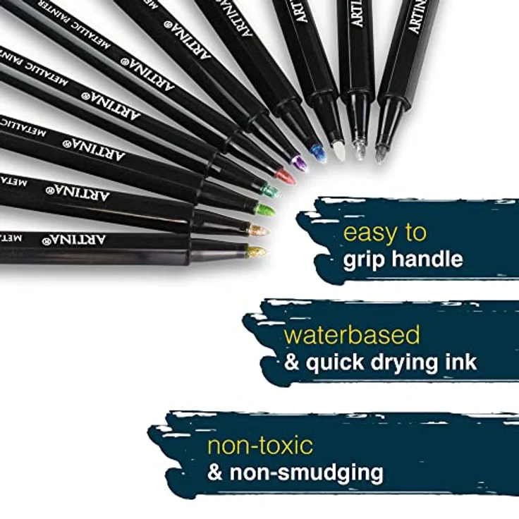 Artina 10 Metallic Marker Set Markilo ME – 0.7 mm Spitze – Wasserfeste Glitzer Filzstifte Bunte Fineliner Leuchtende Farben Permanente Metallic Marker Schimmernde Mal Stifte für Gästebuch & Karten – Bild 3