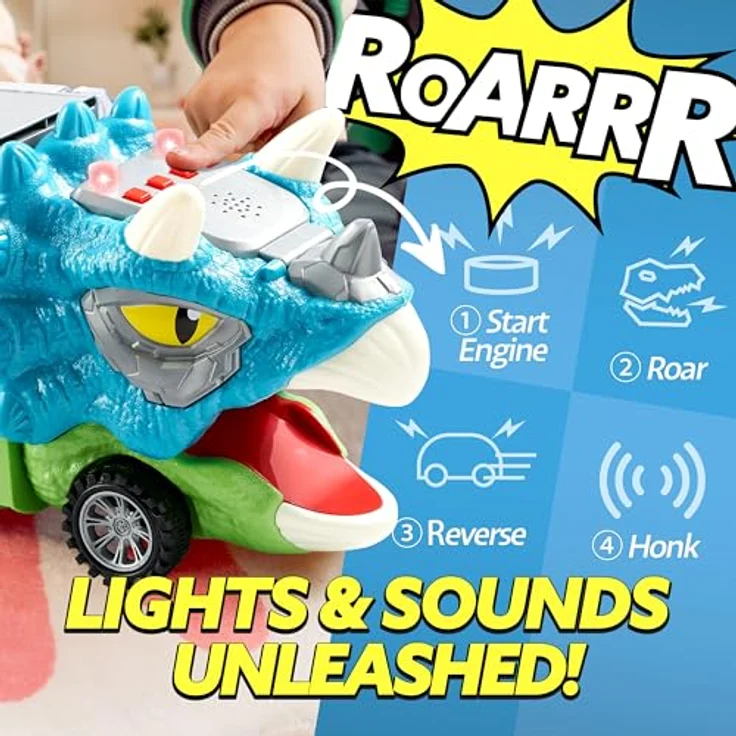JOYIN 13-in-1 Dinosaurier-Transportwagen mit Sound und Lichtern, inkl. 12 Mini-Dino-Autos und Hubschrauber, Spielzeug für Kinder 3–5 Jahre – Bild 2