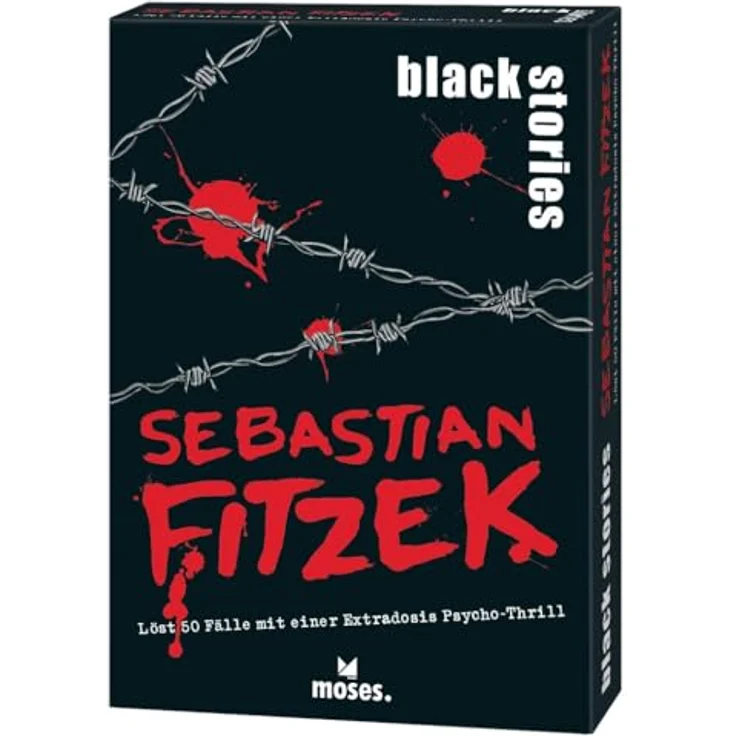 moses 90192 Black Stories Sebastian Fitzek-50 Fälle mit Einer Extradosis Psycho-Thrill Krimi Kartenspiel mit Spielvariante und Punktechips, Rätselspiel für Jugendliche und Erwachsene, White – Bild 1