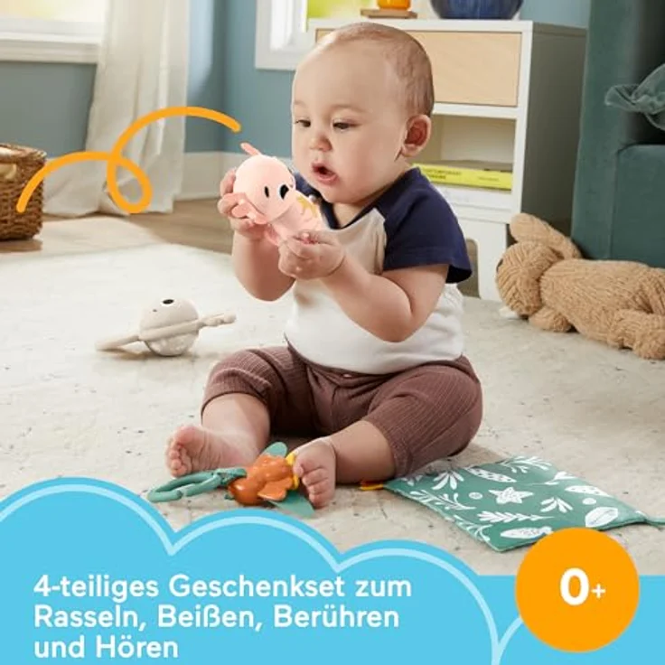 Fisher-Price® Greifspielzeug Geschenkset Sensorische Erlebnisse, 4-teiliges Set mit BPA-freiem Häschen-Beißring, Axolotl, Motten-Rassel und Knittertuch – Bild 2