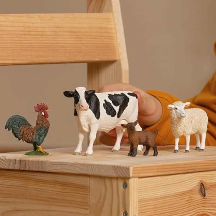 Schleich Farm World Starter-Set Bauernhof, enthaltene Tiere: Holstein Kuh, Hahn, Schaf und Zicklein, naturgetreu gestaltet – Bild 2