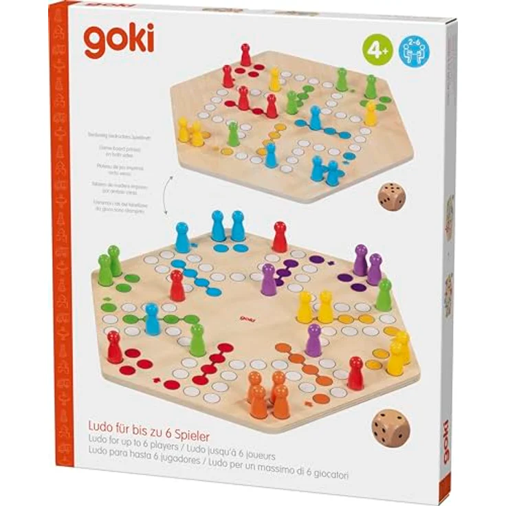 goki Spielesammlung Ludo, beidseitig bedruckt für bis zu 6 Spieler, Holz, klassisches Gesellschaftsspiel für die ganze Familie – Bild 6