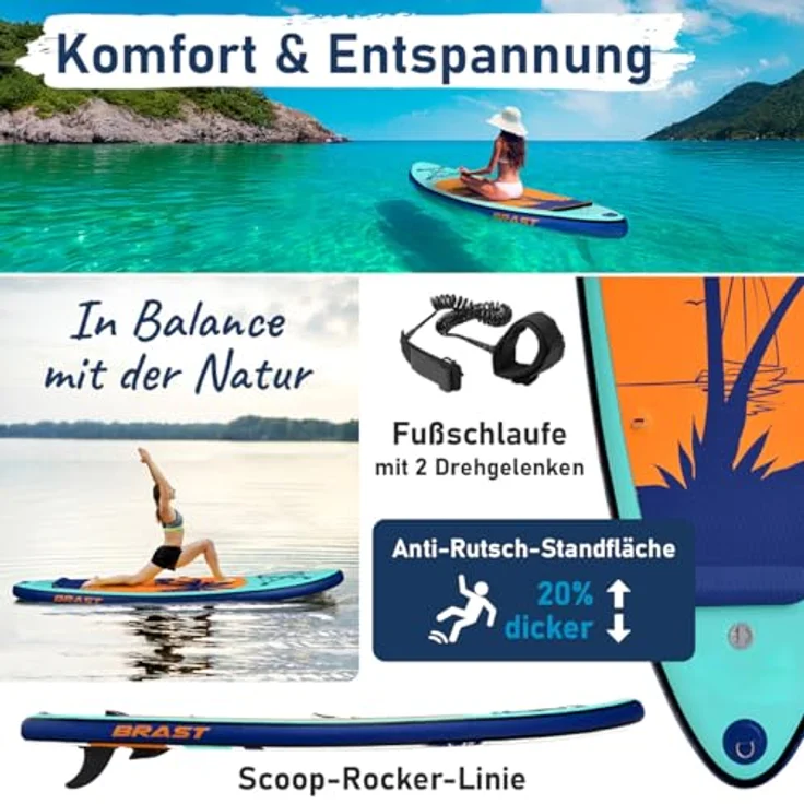 BRAST SUP Board Tropic, Aufblasbares Stand up Paddle Set, 320x81x15cm, 140kg Tragkraft, 6 Designs, 5 Jahre Garantie, inkl. Kajaksitz, 2in1 Paddel, Action-Cam-Halterung, Rucksack, Pumpe – Bild 5