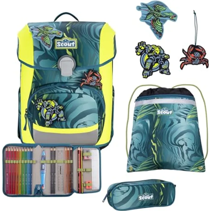 SCOUT Basic Neo Set 4-teilig Action, Schulranzen mit reflektierender Oberfläche und 2 Mäppchen, Blau