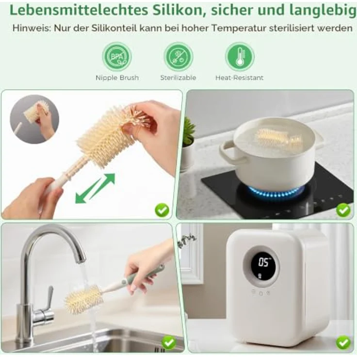 Diboniur Set Flaschenbürsten Baby 7 in 1, inklusive Saugerbürste, Strohhalmbürste, Abtropfgestell und Aufbewahrungsbox, Silikon – Bild 3