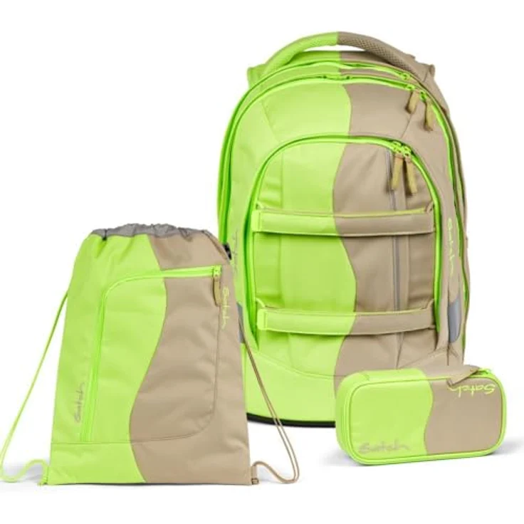 Satch Schulrucksack Pack (3tlg., inkl. Schlamperbox und Sportbeutel) Lime/Neon/Beige, Ergonomischer Schulrucksack mit 30 Liter Fassungsvermögen – Bild 2