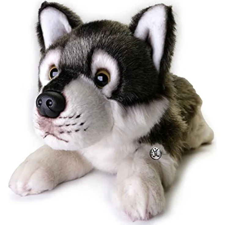 Kuscheltiere.biz Wolf Plüschtier Kuscheltier liegend MARUK, realistisches grau melliertes Plüschfell, Markenqualität SUKI, Gesamt-Länge ca. 34 cm – Bild 1