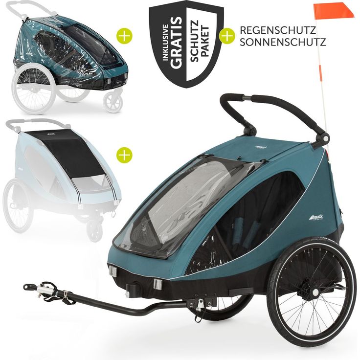 Hauck Dryk Duo 2in1 Fahrradanhänger für 2 Kinder (bis 44 kg) - inkl. GRATIS Schutzpaket, Bike Trailer & City Buggy - Ocean Green