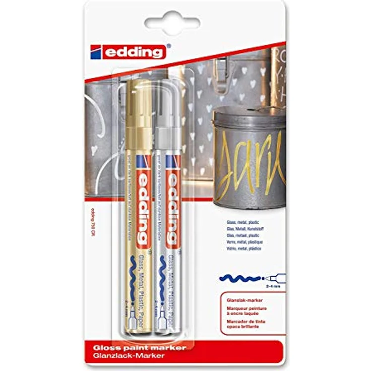 edding 750 Glanzlackmarker - gold, silber - Packung mit 2 Lackmarkern - Rundspitze 2-4 mm - Lackstift für Glas, Stein, Holz, Kunststoff und Papier - wasserfest, stark deckend – Bild 1