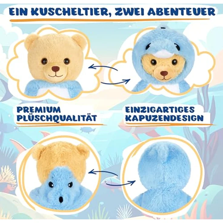 BRUBIES Teddy Delfin, 25 cm Teddybär im blauen Delfinkostüm mit abnehmbarer Kapuze, kuscheliges Plüschtier für Kinder, pflegeleicht – Bild 3
