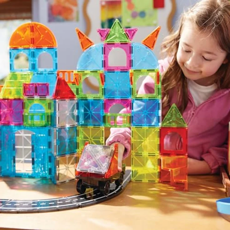 Magna-Tiles® City Center, 110-teiliges Magnetbauset mit Straßenstücken, Wendeltreppen und Fahrzeugen für kreatives Spielen – Bild 3