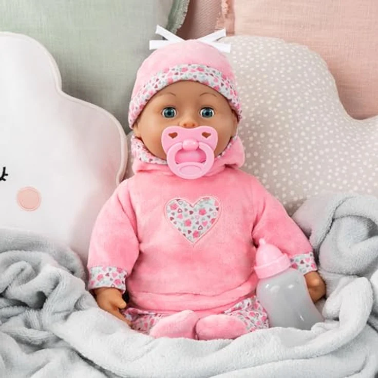 Bayer Babypuppe First Words Baby, 38 cm, rosa, mit Schlafaugen und 24 Babygeräuschen, 3-tlg. Set mit Flasche und Schnuller – Bild 5