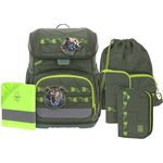 LÄSSIG Schulranzen Set Light Unique 7-teilig mit Regenhülle, großes Hauptfach, gepolsterte Träger, dunkelgrün (Jungle Green)
