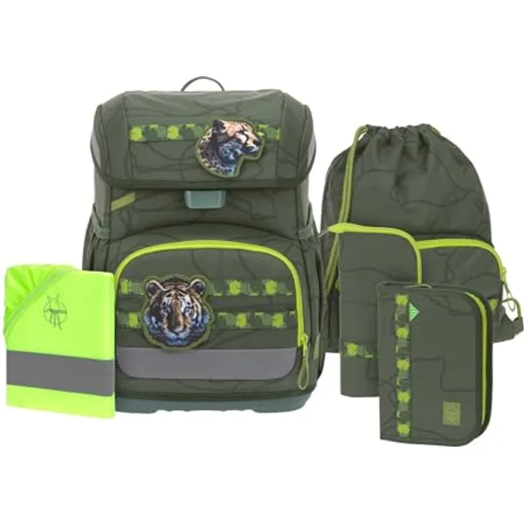 LÄSSIG Schulranzen Set Light Unique 7-teilig mit Regenhülle, großes Hauptfach, gepolsterte Träger, dunkelgrün (Jungle Green)