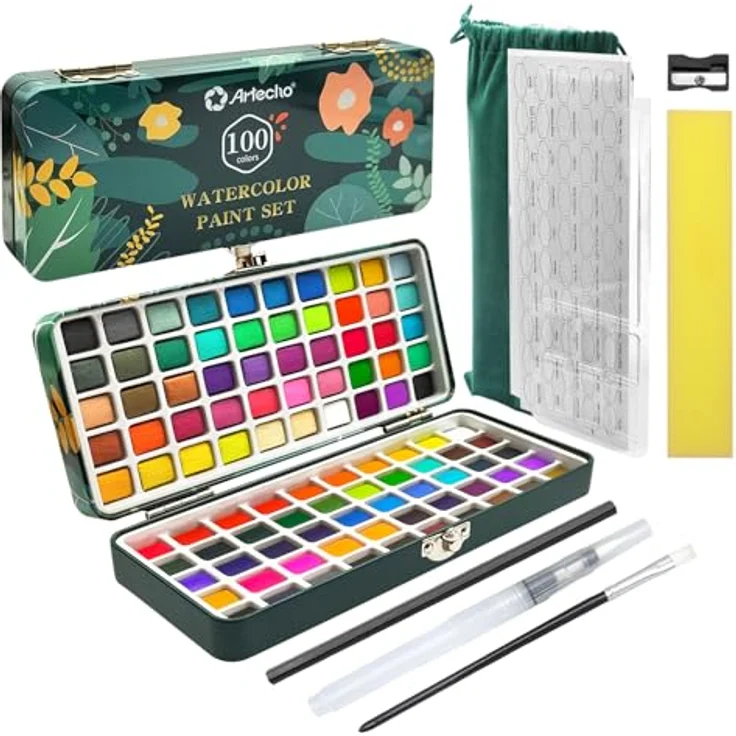 Artecho Aquarellfarben Set 100 Farben, Tragbare Box mit Pinsel, Aquarellpapier, fluoreszierenden, metallic und klassischen Farben für Künstler und Hobbymaler – Bild 1