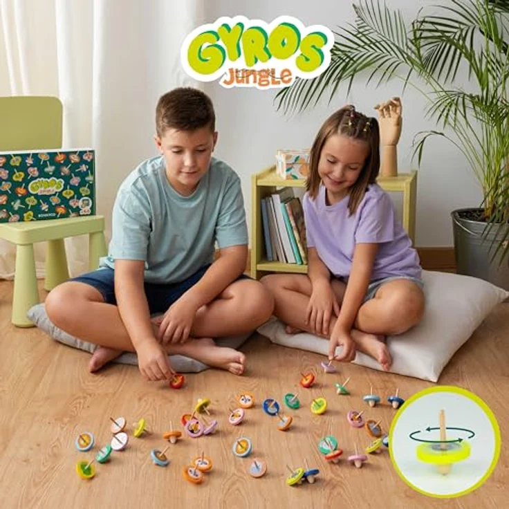 BONNYCO Holz Kreisel für Kinder, 40 Stück Mitgebsel Kindergeburtstag mit Dschungeltier-Motiven, perfekt für Gastgeschenke und Pinata Füllung – Bild 5