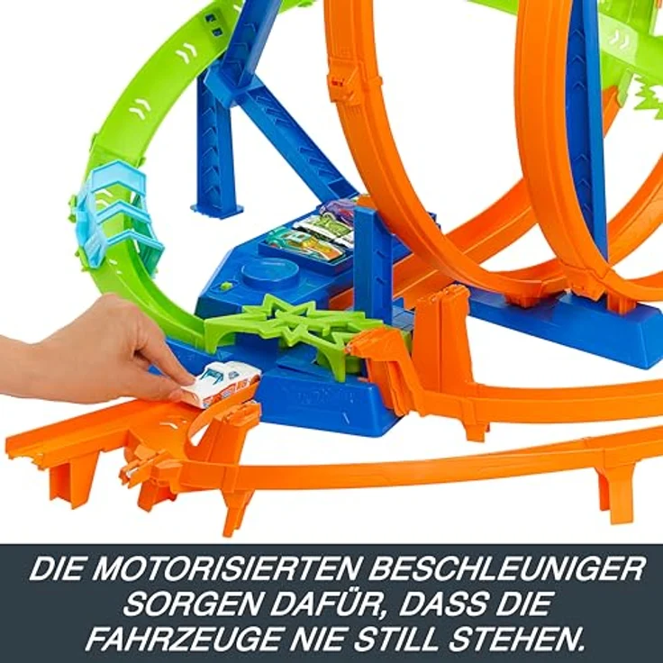 Hot Wheels Episches Crash-Rennen Trackset, 5 Crash-Zonen mit motorisiertem Beschleuniger und 1 Hot Wheels Auto im Maßstab 1:64, leicht zusammenklappbar, HTP55 – Bild 3