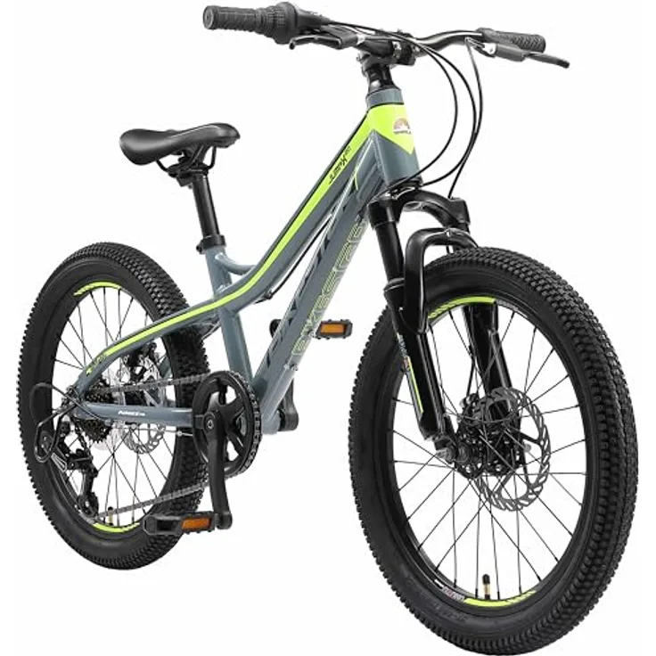 BIKESTAR Alu Mountainbike Jugendfahrrad 20 Zoll ab 6-9 Jahre Hardtail | 7 Gang Shimano Schaltung, Scheibenbremse, Federgabel | Kinder Fahrrad Grau Gelb | Risikofrei Testen