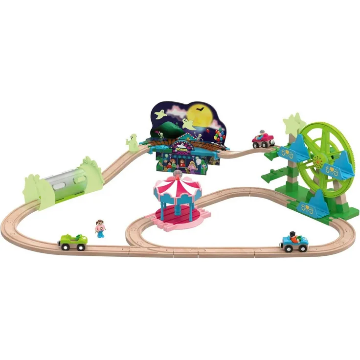 lupilu Spielzeug-Eisenbahn Holz Freizeitpark-Set, 32-tlg. mit Licht- & Soundeffekten, 4 beweglichen Fahrgeschäften und Geistertunnel